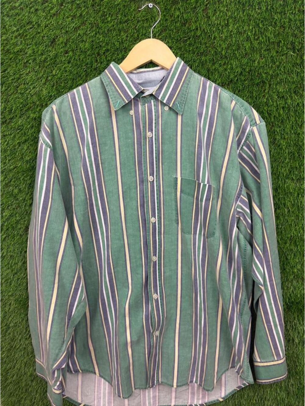 Vintage Context Striped Button Up Shirt Green Blue Yellow LT 100% Cotton